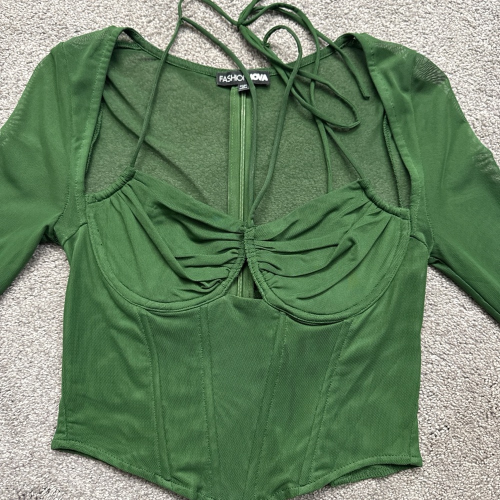 Fashion Nova Green Long Sleeve Bustier Bodysuit